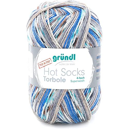 Gründl Hot Socks Torbole (Sockenwolle aus 75 % Schurwolle (superwash) & 25 % Polyamid, 4-fach Sockengarn, 100 g / 420 m, Nadelstärke: 2,5 - 3 mm, 100 g), capriblau-royal-burgund-weiß-petrol-graphit von Gründl