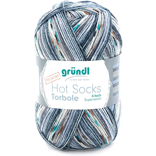 Gründl Hot Socks Torbole (Sockenwolle aus 75 % Schurwolle (superwash) & 25 % Polyamid, 4-fach Sockengarn, 100 g / 420 m, Nadelstärke: 2,5 - 3 mm, 100 g), jeans-marine-schiefergrau-weiß-burgund-petrol von Gründl