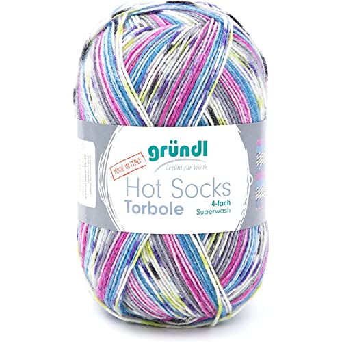 Gründl Hot Socks Torbole (Sockenwolle aus 75 % Schurwolle (superwash) & 25 % Polyamid, 4-fach Sockengarn, 100 g / 420 m, Nadelstärke: 2,5 - 3 mm, 100 g), lavendel-capri-pflaume-weiß-salatgrün-graphit von Gründl