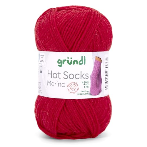 Gründl Hots Socks Merino uni, 4-fädige Sockenwolle, 50 g /200m,75% Schurwolle (Merino, superwash), 25% Polyamid,mulesing frei, Öko-tex Standard, (16 feuerrot) von Gründl