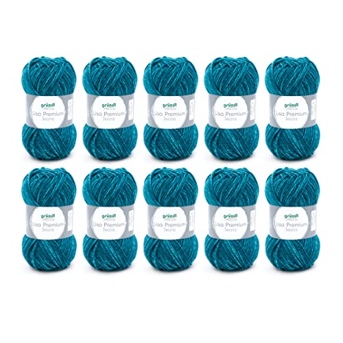 Gründl Lisa Premium Jeans Wolle zum Stricken und Häkeln aus 100 % Polyester, 50 g/133 m, Nadelstärke: 3,5-4,5, 10 Knäuel á 50 g, Grünblau von Gründl