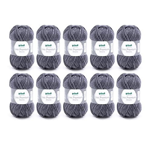 Gründl Lisa Premium Jeans Wolle zum Stricken und Häkeln aus 100 % Polyester, 50 g/133 m, Nadelstärke: 3,5-4,5, 10 Knäuel á 50 g, Schiefergrau von Gründl