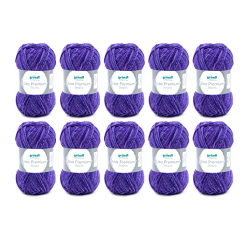 Gründl Lisa Premium Jeans Wolle zum Stricken und Häkeln aus 100 % Polyester, 50 g/133 m, Nadelstärke: 3,5-4,5, 10 Knäuel á 50 g, Violett meliert von Gründl