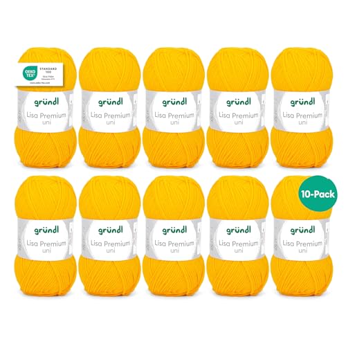 Gründl Wolle Lisa Premium uni - 10 x 50 g - Wolle zum Häkeln - Wolle zum Stricken - 100 % Polyacryl- Weich & Pflegeleicht- Nadelstärke 3,5-4,5 - Gelb von Gründl