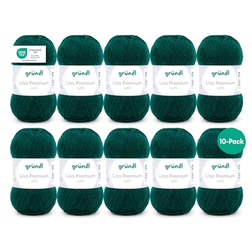 Gründl Wolle Lisa Premium uni - 10 x 50 g - Wolle zum Häkeln - Wolle zum Stricken - 100 % Polyacryl- Weich & Pflegeleicht- Nadelstärke 3,5-4,5 - Tannengrün von Gründl