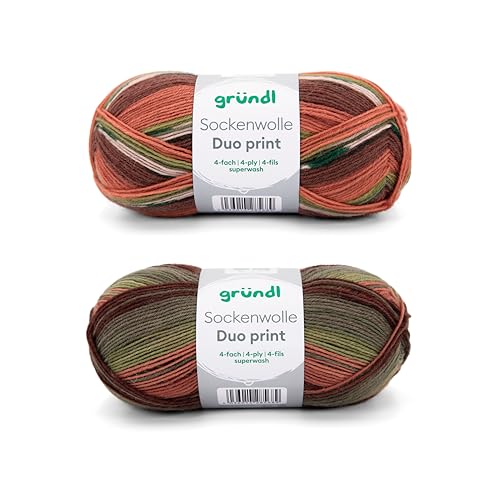 Gründl Wolle Sockenwolle Duo - Strickset 2 x 100 g + Anleitung - Sockengarn - Hautfreundlich & weich - 75% Schurwolle, 25% Polyamid - orange-braun, 200g von Gründl
