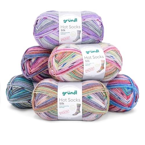 Gründl Sockenwolle Paket Hot Socks Silk, 6x100g Sockengarn mit Seide, Strumpfwolle 4fädig, 55% Wolle, 25% Polyamid, 20% Seide von Gründl