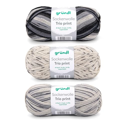 Gründl Sockenwolle Trio Strickset aus 3 x 100 g Sockengarn (75% Schurwolle (superwash), 25% Polyamid) + Anleitung, grau beige von Gründl