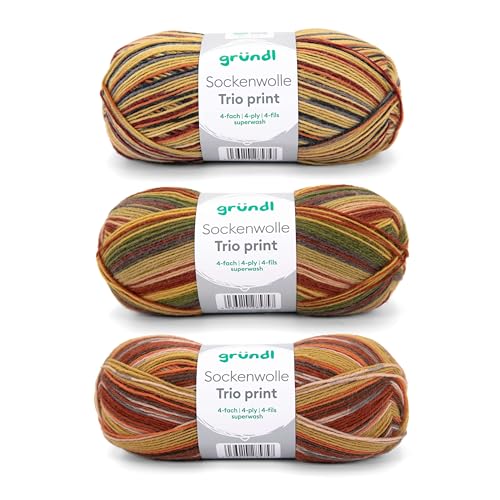 Gründl Wolle Sockenwolle Trio - Strickset 3 x 100 g + Anleitung - Sockengarn - Hautfreundlich & weich - 75% Schurwolle, 25% Polyamid - natur-braun von Gründl