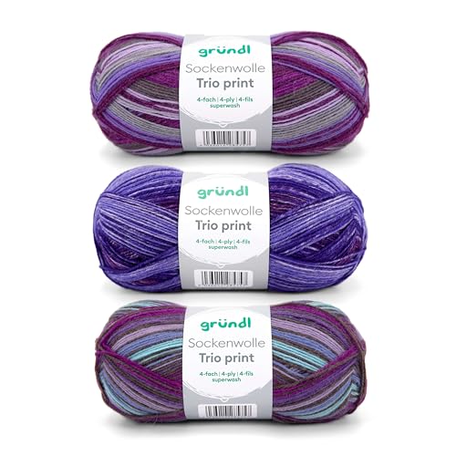 Gründl Wolle Sockenwolle Trio - Strickset 3 x 100 g + Anleitung - Sockengarn - Hautfreundlich & weich - 75% Schurwolle, 25% Polyamid - violett-lila von Gründl