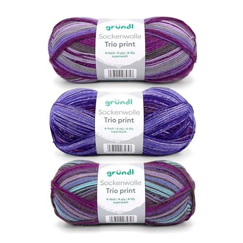 Gründl Sockenwolle Trio Strickset aus 3 x 100 g Sockengarn (75% Schurwolle (superwash), 25% Polyamid) + Anleitung, violett von Gründl