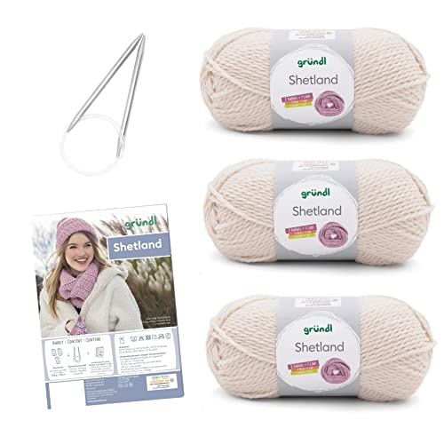 Gründl Strickset Shetland (Wollähnliches Handstrick- und Häkelgarn, pflegeleichtes Garn aus 80 % Polyacryl, 20 % Wolle, 100 g/170 m, Nadelstärke: 7-8, Inhalt: 3 Knäuel á 100 g), Creme Melange von Gründl