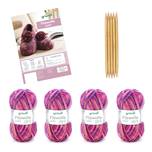 Gründl Strickset Filzwolle color, (OEKO-TEX zertifiziert, 100 Schurwolle, 4 x 50 g + Nadel 8-9 + Anleitung für Hausschuhe), 25 x 16 x 7 cm, orange-fuchsia-lila multicolor von Gründl