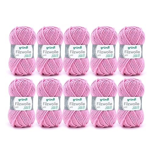 Gründl Filzwolle uni (Wolle zum Filzen, Stricken und Häkeln, Garn aus 100 % Schurwolle, 50 g / 50 m, Nadelstärke: 8 - 9, 10 x 50 g), Rosa, 31 x 32 x 7.5 cm von Gründl