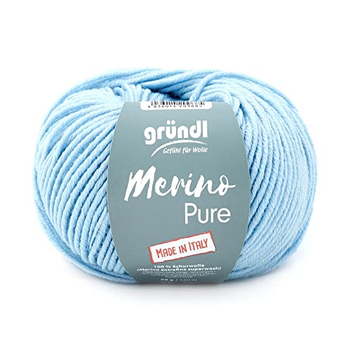 Gründl Wolle 50 Gramm Merino Pure, aus 100% Schurwolle, Merino Extrafine Superwash, zum Stricken oder Häkeln (22 Pastellblau) von Gründl