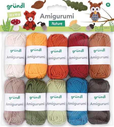 Gründl Wolle Amigurumi Set - Mini Knäuel zum Häkeln von kleinen Figuren - Häkelset aus 100 % Baumwolle - Baumwollgarn 10 x 10 g / 23 m - Naturfarben von Gründl
