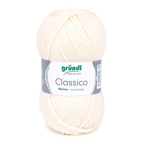 Gründl Classico Wolle (OEKO-TEX® zertifiziertes Strickgarn aus 50% Schurwolle (Merino) & 50% Polyacryl, 50 g/120 m, Nadelstärke: 3,5-4,5, 1 Knäuel á 50 g), Creme von Gründl