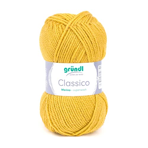 Gründl Classico Wolle (OEKO-TEX® zertifiziertes Strickgarn aus 50% Schurwolle (Merino) & 50% Polyacryl, 50 g/120 m, Nadelstärke: 3,5-4,5, 1 Knäuel á 50 g), Senf von Gründl