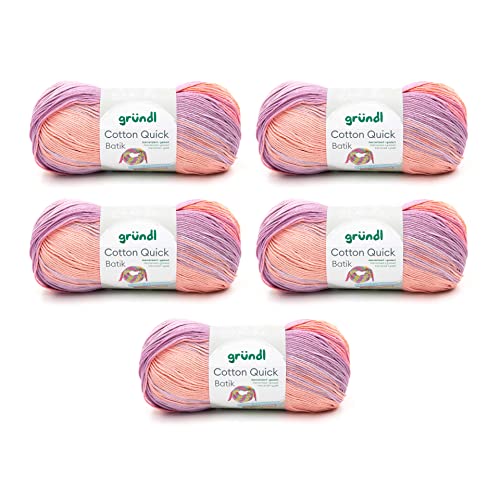 Gründl Wolle Cotton Quick Batik Strickgarn/Häkelgarn (Garn mit Farbverlauf aus 100% Baumwolle, OEKO-TEX zertifiziert, 100 g / 260 m, Nadelstärke: 3-4, 5 x 100 g), creme-rosa-lila-flieder von Gründl