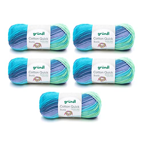 Gründl Wolle Cotton Quick Batik - dünne Wolle zum Häkeln mit Farbverlauf - Strickgarn - Glänzend und hautfreundlich - 100% Baumwolle - 5 Knäuel 100 g / 260 m - Nadelstärke 3-4 - Blau-violett-grün von Gründl