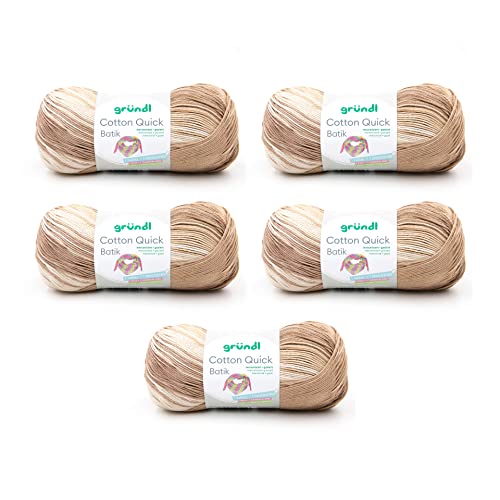 Gründl Wolle Cotton Quick Batik - dünne Wolle zum Häkeln mit Farbverlauf - Strickgarn - Glänzend und hautfreundlich - 100% Baumwolle - 5 Knäuel 100 g / 260 m - Nadelstärke 3-4 - Natur-braun-beige von Gründl