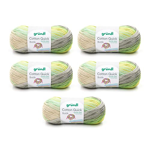 Gründl Wolle Cotton Quick Batik Strickgarn/Häkelgarn (Garn mit Farbverlauf aus 100% Baumwolle, OEKO-TEX zertifiziert, 100 g / 260 m, Nadelstärke: 3-4, 5 x 100 g), natur-türkis-gelb-grün von Gründl