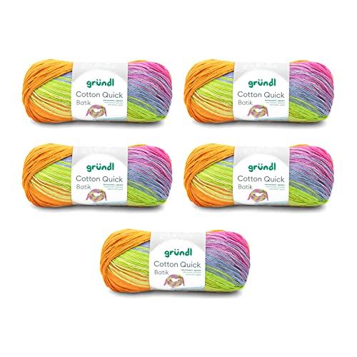 Gründl Wolle Cotton Quick Batik Strickgarn/Häkelgarn (Garn mit Farbverlauf aus 100% Baumwolle, OEKO-TEX zertifiziert, 100 g / 260 m, Nadelstärke: 3-4, 5 x 100 g), orange-grün-blau-violett von Gründl