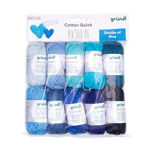 Gründl Wolle Cotton Quick Mini Shades of Blue Set zum Stricken und Häkeln 10 x 15 g, 100% Baumwolle, 15 g / 37 m, Blau von Gründl