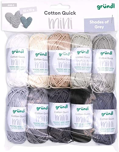 Gründl Wolle Cotton Quick Mini Shades of Grey Set zum Stricken und Häkeln 10 x 15 g, 100% Baumwolle, 15 g / 37 m, Grau von Gründl