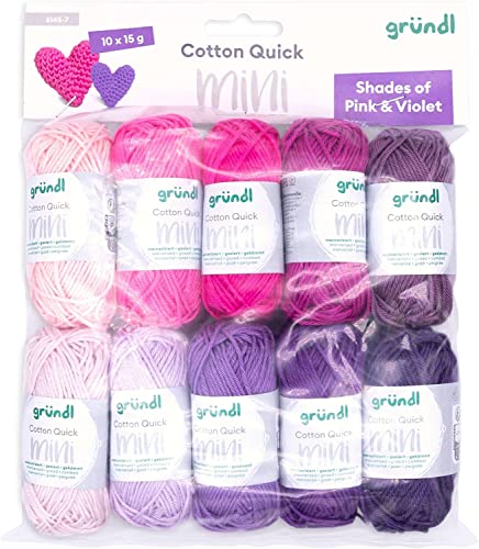 Gründl Wolle Cotton Quick Mini Shades of Pink and Violet Set zum Stricken und Häkeln 10 x 15 g, 100% Baumwolle, 15 g / 37 m, Pink und Lila von Gründl