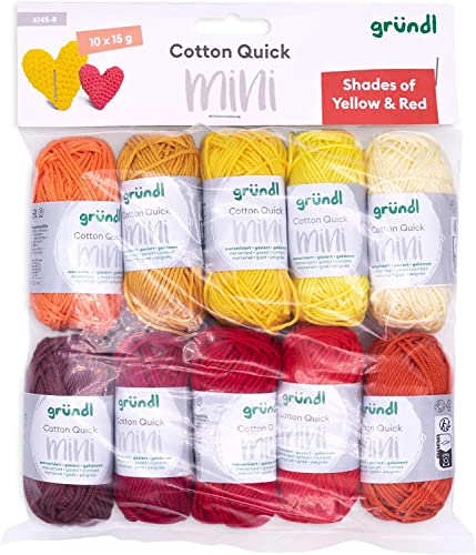 Gründl Wolle Cotton Quick Mini Shades of Yellow and Red Set zum Stricken und Häkeln 10 x 15 g, 100% Baumwolle, 15 g / 37 m, Gelb und Rot von Gründl