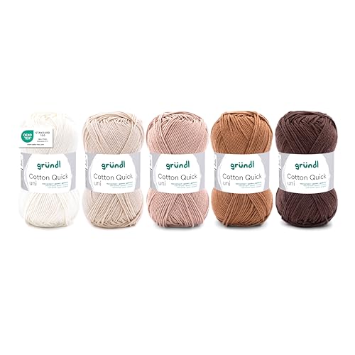 Gründl Wolle Cotton Quick uni - Wolle zum Häkeln aus 100% Baumwolle - Wolle zum Stricken - Baumwollgarn 5 Knäuel 50 g / 125 m - Nadelstärke 3-4 - Weiß-Beige-Braun-Mix von Gründl