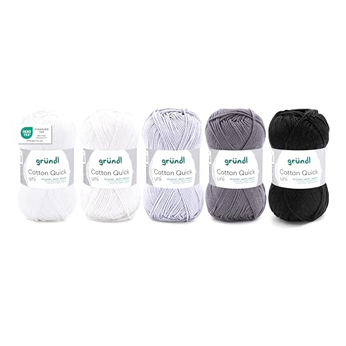 Gründl Wolle Cotton Quick uni - Wolle zum Häkeln aus 100% Baumwolle - Wolle zum Stricken - Baumwollgarn 5 Knäuel 50 g / 125 m - Weiß-Grau-Schwarz Gründl Wolle Cotton Quick uni - Wolle zum Häkeln aus 100% Baumwolle - Wolle zum Stricken - Baumwollgarn 5 Knäuel 50 g / 125 m - Weiß-Grau-Schwarz von Gründl