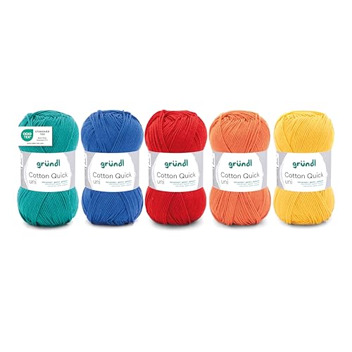 Gründl Wolle Cotton Quick uni - Wolle zum Häkeln aus 100% Baumwolle - Wolle zum Stricken - glänzendes Baumwollgarn 5 Knäuel 50 g / 125 m - Bunt-Mix von Gründl