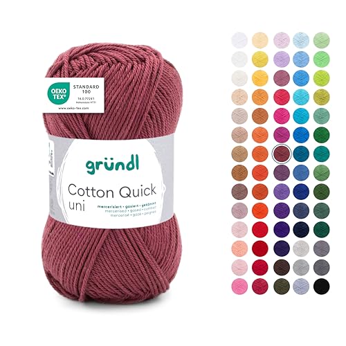 Gründl Wolle Cotton Quick uni - dünne Wolle zum Häkeln - Strickgarn - Häkelgarn - Glänzend und hautfreundlich - 100% Baumwolle - 1 Knäuel 50 g / 125 m - Nadelstärke 3-4 - bordeaux von Gründl