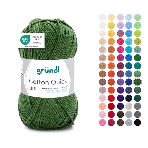 Gründl Wolle Cotton Quick uni - dünne Wolle zum Häkeln - Strickgarn - Häkelgarn - Glänzend und hautfreundlich - 100% Baumwolle - 1 Knäuel 50 g / 125 m - Nadelstärke 3-4 - moos von Gründl