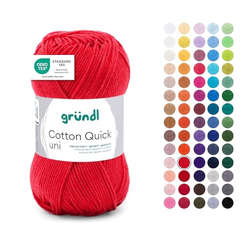 Gründl Wolle Cotton Quick uni - dünne Wolle zum Häkeln - Strickgarn - Häkelgarn - Glänzend und hautfreundlich - 100% Baumwolle - 1 Knäuel 50 g / 125 m - Nadelstärke 3-4 - feuerrot von Gründl