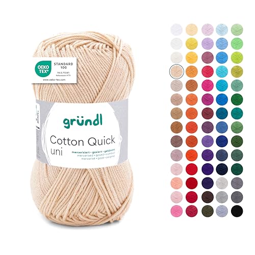 Gründl Wolle Cotton Quick uni - dünne Wolle zum Häkeln - Strickgarn - Häkelgarn - Glänzend und hautfreundlich - 100% Baumwolle - 1 Knäuel 50 g / 125 m - Nadelstärke 3-4 - eierschale von Gründl