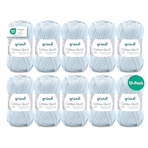Gründl Wolle Cotton Quick uni - dünne Wolle zum Häkeln - Strickgarn - Häkelgarn - Glänzend und hautfreundlich - 100% Baumwolle - 10 Knäuel 50 g / 125 m - Nadelstärke 3-4 - blassblau von Gründl