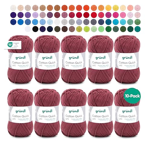 Gründl Wolle Cotton Quick uni - dünne Wolle zum Häkeln - Strickgarn - Häkelgarn - Glänzend und hautfreundlich - 100% Baumwolle - 10 Knäuel 50 g / 125 m - Nadelstärke 3-4 - bordeaux Gründl Wolle Cotton Quick uni - dünne Wolle zum Häkeln - Strickgarn - Häkelgarn - Glänzend und hautfreundlich - 100% Baumwolle - 10 Knäuel 50 g / 125 m - Nadelstärke 3-4 - bordeaux von Gründl