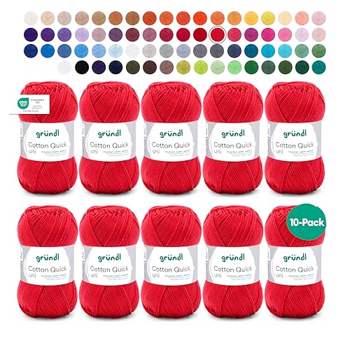 Gründl Wolle Cotton Quick uni - dünne Wolle zum Häkeln - Strickgarn - Häkelgarn - Glänzend und hautfreundlich - 100% Baumwolle - 10 Knäuel 50 g / 125 m - Nadelstärke 3-4 - feuerrot Gründl Wolle Cotton Quick uni - dünne Wolle zum Häkeln - Strickgarn - Häkelgarn - Glänzend und hautfreundlich - 100% Baumwolle - 10 Knäuel 50 g / 125 m - Nadelstärke 3-4 - feuerrot von Gründl
