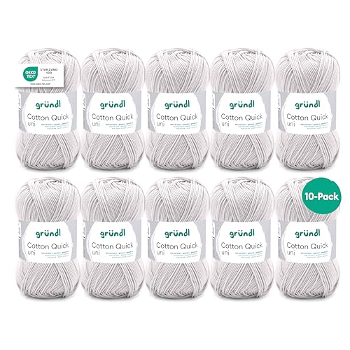Gründl Wolle Cotton Quick uni - dünne Wolle zum Häkeln - Strickgarn - Häkelgarn - Glänzend und hautfreundlich - 100% Baumwolle - 10 Knäuel 50 g / 125 m - Nadelstärke 3-4 - lichtgrau von Gründl