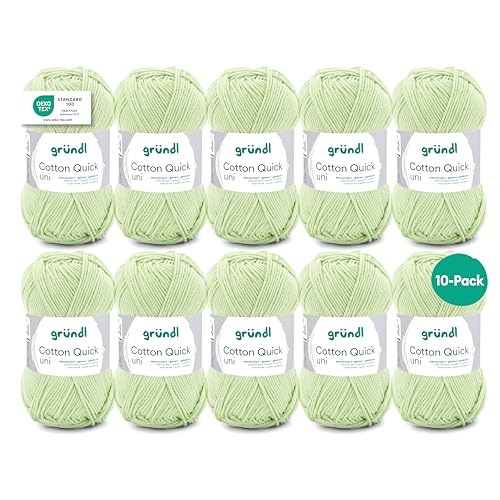 Gründl Wolle Cotton Quick uni - dünne Wolle zum Häkeln - Strickgarn - Häkelgarn - Glänzend und hautfreundlich - 100% Baumwolle - 10 Knäuel 50 g / 125 m - Nadelstärke 3-4 - lindgrün von Gründl
