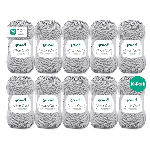 Gründl Wolle Cotton Quick uni - dünne Wolle zum Häkeln - Strickgarn - Häkelgarn - Glänzend und hautfreundlich - 100% Baumwolle - 10 Knäuel 50 g / 125 m - Nadelstärke 3-4 - mittelgrau von Gründl