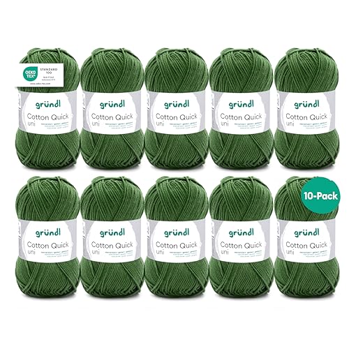 Gründl Wolle Cotton Quick uni - dünne Wolle zum Häkeln - Strickgarn - Häkelgarn - Glänzend und hautfreundlich - 100% Baumwolle - 10 Knäuel 50 g / 125 m - Nadelstärke 3-4 - moos von Gründl