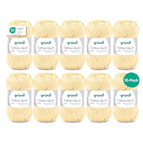 Gründl Wolle Cotton Quick uni - dünne Wolle zum Häkeln - Strickgarn - Häkelgarn - Glänzend und hautfreundlich - 100% Baumwolle - 10 Knäuel 50 g / 125 m - Nadelstärke 3-4 - pastellgelb Gründl Wolle Cotton Quick uni - dünne Wolle zum Häkeln - Strickgarn - Häkelgarn - Glänzend und hautfreundlich - 100% Baumwolle - 10 Knäuel 50 g / 125 m - Nadelstärke 3-4 - pastellgelb von Gründl