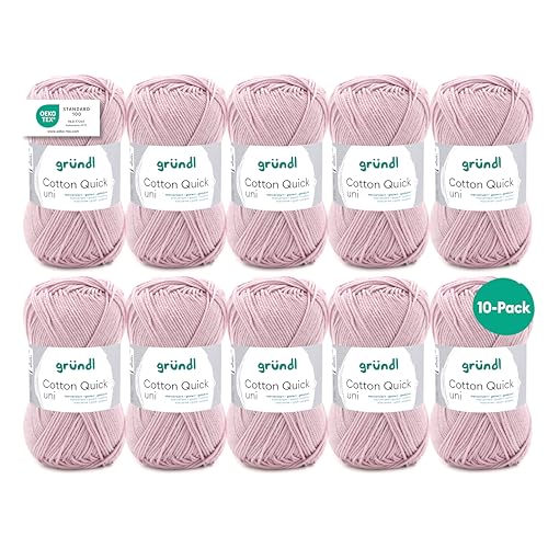 Gründl Wolle Cotton Quick uni - dünne Wolle zum Häkeln - Strickgarn - Häkelgarn - Glänzend und hautfreundlich - 100% Baumwolle - 10 Knäuel 50 g / 125 m - Nadelstärke 3-4 - rosenquarz von Gründl