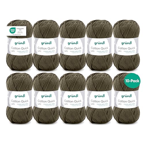 Gründl Wolle Cotton Quick uni - dünne Wolle zum Häkeln - Strickgarn - Häkelgarn - Glänzend und hautfreundlich - 100% Baumwolle - 10 Knäuel 50 g / 125 m - Nadelstärke 3-4 - schwarzgrün von Gründl
