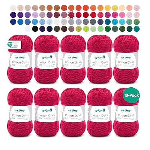 Gründl Wolle Cotton Quick uni - dünne Wolle zum Häkeln - Strickgarn - Häkelgarn - Glänzend und hautfreundlich - 100% Baumwolle - 10 Knäuel 50 g / 125 m - Nadelstärke 3-4 - weinrot Gründl Wolle Cotton Quick uni - dünne Wolle zum Häkeln - Strickgarn - Häkelgarn - Glänzend und hautfreundlich - 100% Baumwolle - 10 Knäuel 50 g / 125 m - Nadelstärke 3-4 - weinrot von Gründl