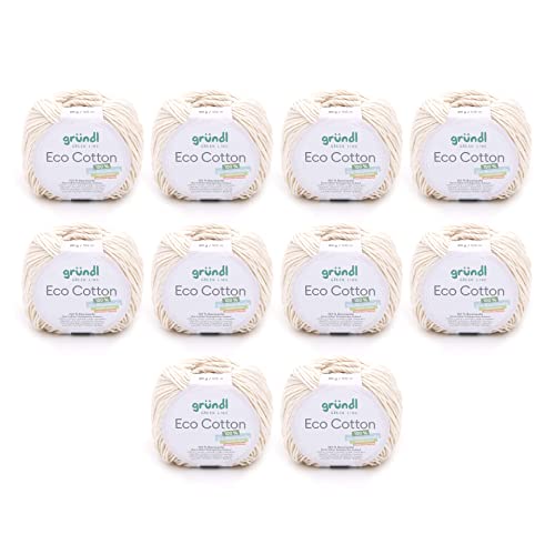 Gründl Wolle Eco Cotton (Garn aus 100% Bio-Baumwolle, OEKO-TEX® zertifiziert, pflegeleicht & waschbar, 50 g / 105 m, Nadelstärke: 3,50 – 4,50 mm, 10 x 50 g), naturweiß von Gründl